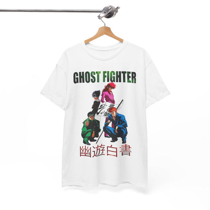 Chic Ghost Fighter t-shirt artfully hung, highlighting an eye-catching anime-themed print, ideal for casual yet striking fashion statements.