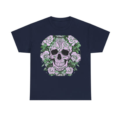 Skulls and Roses Cotton Tee in navy blue, featuring an eye-catching skull and rose design, combining luxury and alternative style.