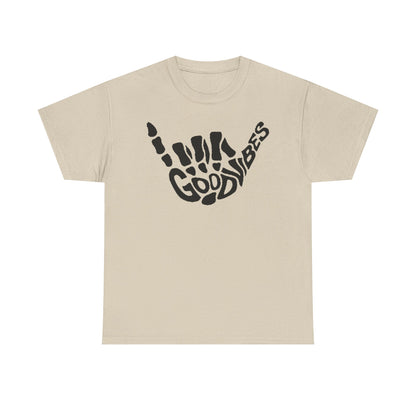 Chic unisex t-shirt in light beige showcasing a striking skeletal hand sign with the words 'GOOD VIBES' creatively integrated into the design.
