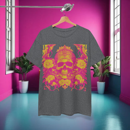 Luxurious display of the Skulls and Roses Cotton Tee styled in a chic interior, perfect for highlighting the unique skull and floral graphic design.