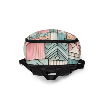 Close-up of the fabric details of the Dazzling Dreams Studio Modern Pastel Geometric Backpack, demonstrating its durability and luxurious feel.