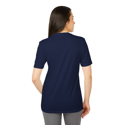 Model displaying back view of the navy Adidas Unisex Halloween Chucky Cute T-shirt, designed for unisex appeal and seasonal style.