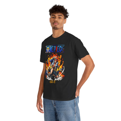 Model wearing the Epic Ace Men's T-Shirt, exuding confidence with the vibrant Ace graphic and flames, perfect for stylish anime enthusiasts.