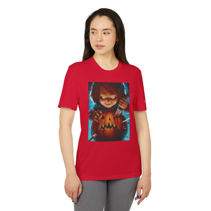 Adidas Unisex Halloween Chucky Cute T-shirt in vibrant red featuring an eye-catching graphic of Chucky, set against a spooky pumpkin design, perfect for stylish Halloween attire.