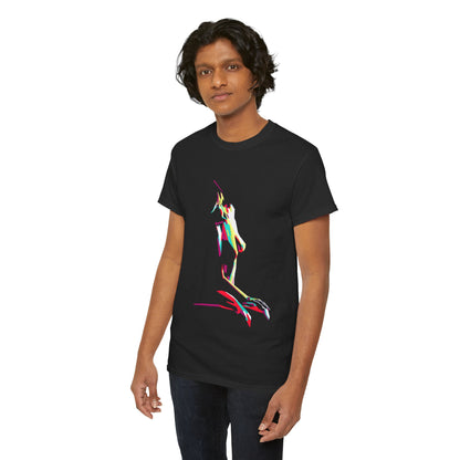 Stylishly dressed man in a black t-shirt featuring a vibrant graphic design, capturing a blend of playful art and urban sophistication.