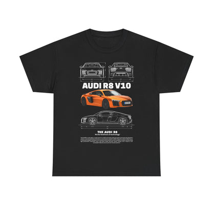 Elegant black men's T-shirt adorned with a striking graphic of the Audi R8 V10, highlighting the sleek lines and engineering marvel of the vehicle, designed for automotive enthusiasts.