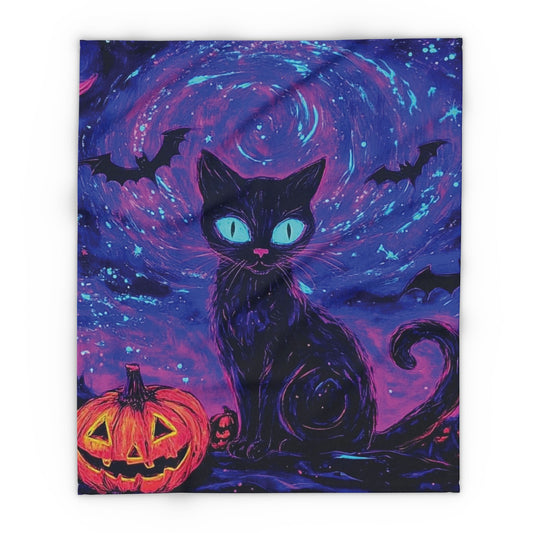 Elegant Decorative and Warm Halloween Spooky Arctic Fleece Blanket showcasing a mystical black cat beside a carved pumpkin, enveloped in a starry, enchanting backdrop, perfect for upscale Halloween decor.