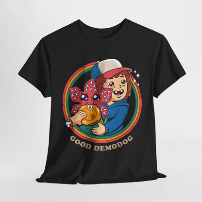 Stylish unisex Stranger Things Funny Graphic T-Shirt adorned with a vibrant illustration of a boy with a Demodog, perfect for casual and luxurious urban fashion.