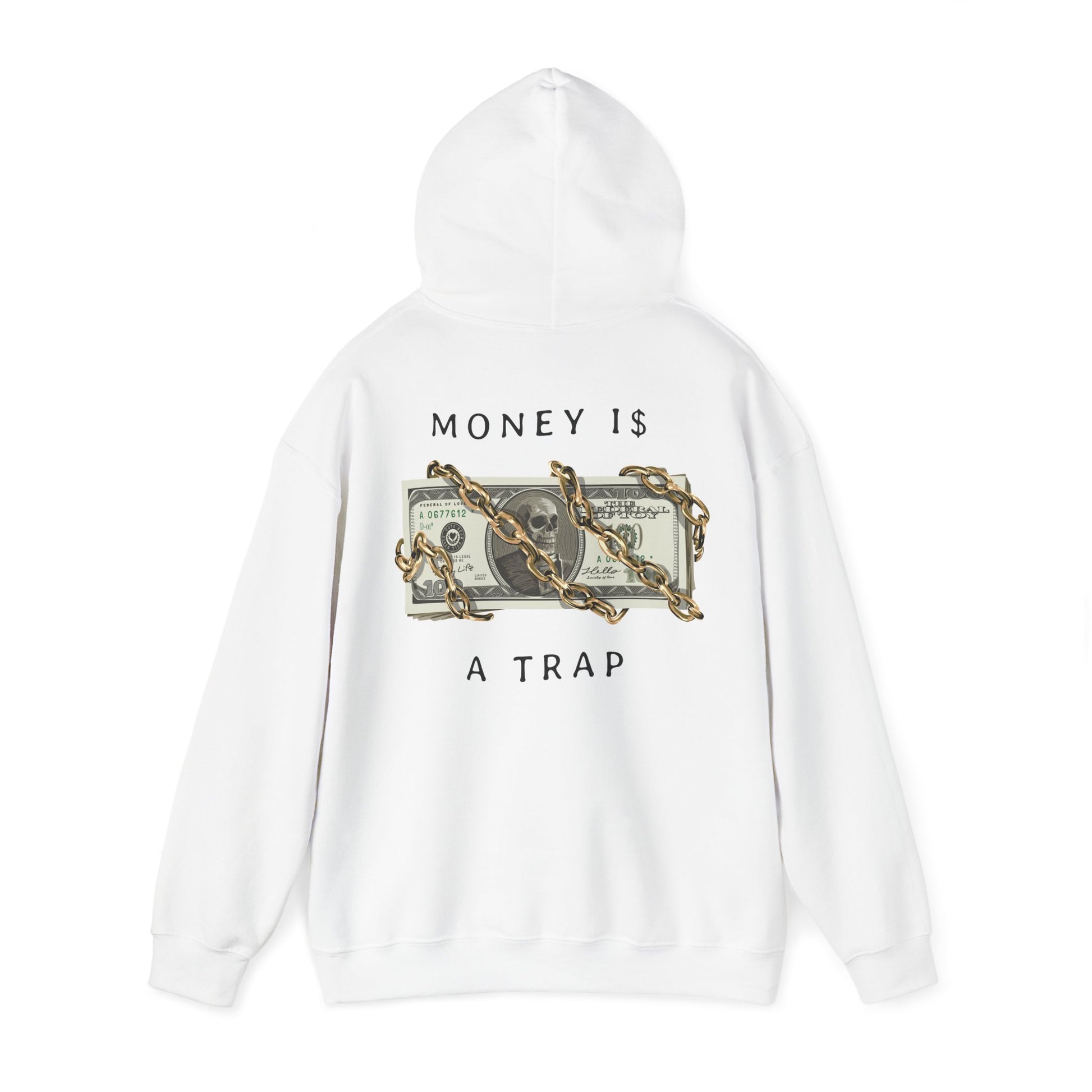 Elegant white hoodie showcasing a prominent graphic of gold chains on U.S. dollar bills, complemented by the words 'MONEY IS $ A TRAP', ideal for a stylish and thought-provoking ensemble.