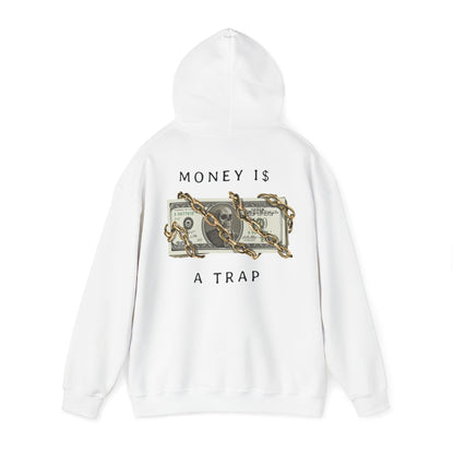 Elegant white hoodie showcasing a prominent graphic of gold chains on U.S. dollar bills, complemented by the words 'MONEY IS $ A TRAP', ideal for a stylish and thought-provoking ensemble.