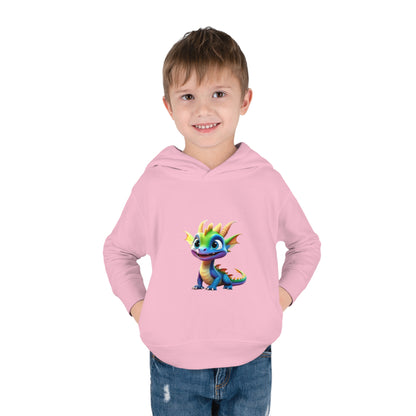 A cheerful child wearing a Kids Unisex Cute Dino Hoodie, featuring a whimsical colourful dragon graphic, ideal for playful adventures, suitable for ages 2-5 years.