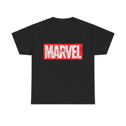 Luxurious black 'MARVEL' graphic tee showcasing bold typography and iconic superhero designs, perfect for expressing fandom.