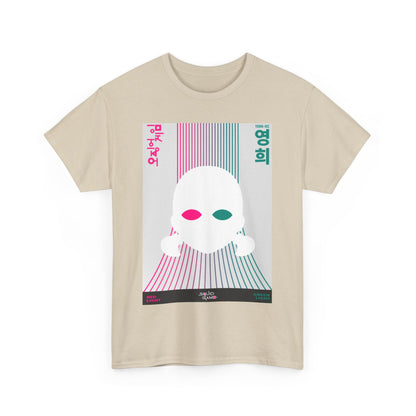 Beautifully crafted beige t-shirt showcasing an artistic 'Squid Game' tribute with a dramatic graphic print, perfect for making a bold fashion statement.