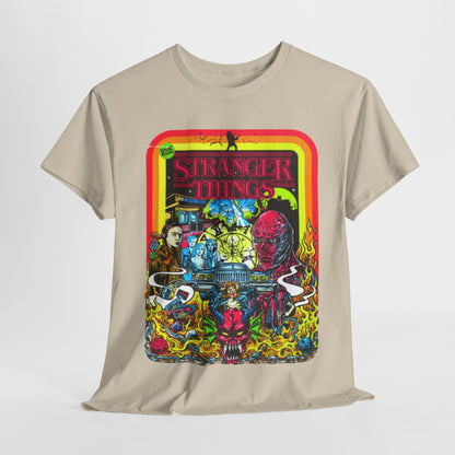 Luxurious graphic t-shirt depicting vibrant artwork inspired by 'Stranger Things', featuring iconic characters and retro elements on a soft beige fabric.