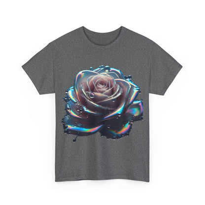 Ethereal Rose Unisex T-Shirt in dark grey featuring a stunning iridescent floral design, with a close-up of a rose embellished with shimmering colours and detailed droplets.