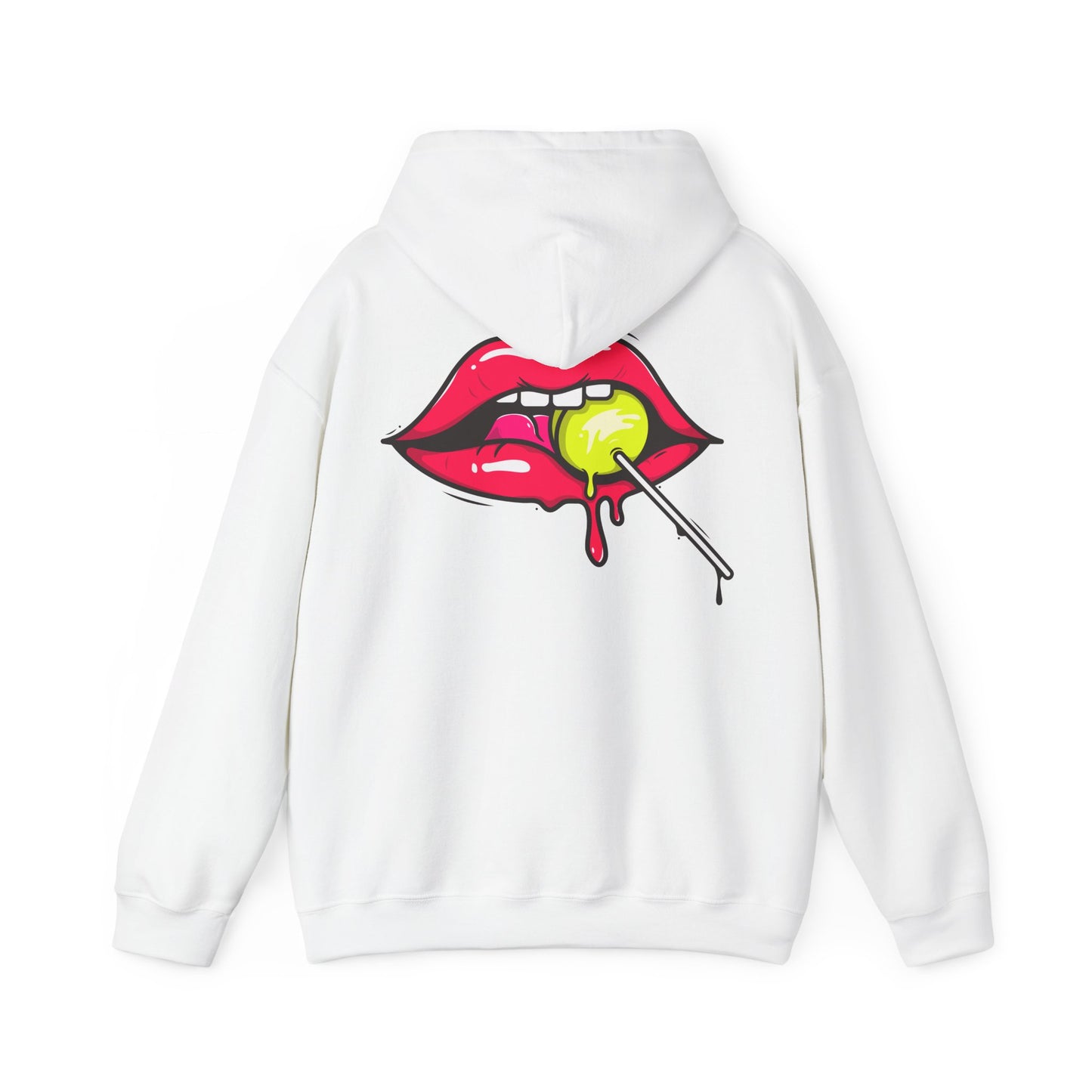 Elegant white hoodie featuring a striking graphic of bold red lips and a vividly yellow lollipop, designed for a chic and playful style.