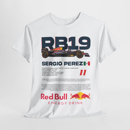 Luxurious Red Bull RB19 F1 men's t-shirt featuring Sergio Perez graphic and bold design, perfect for motorsport enthusiasts and stylish wear.