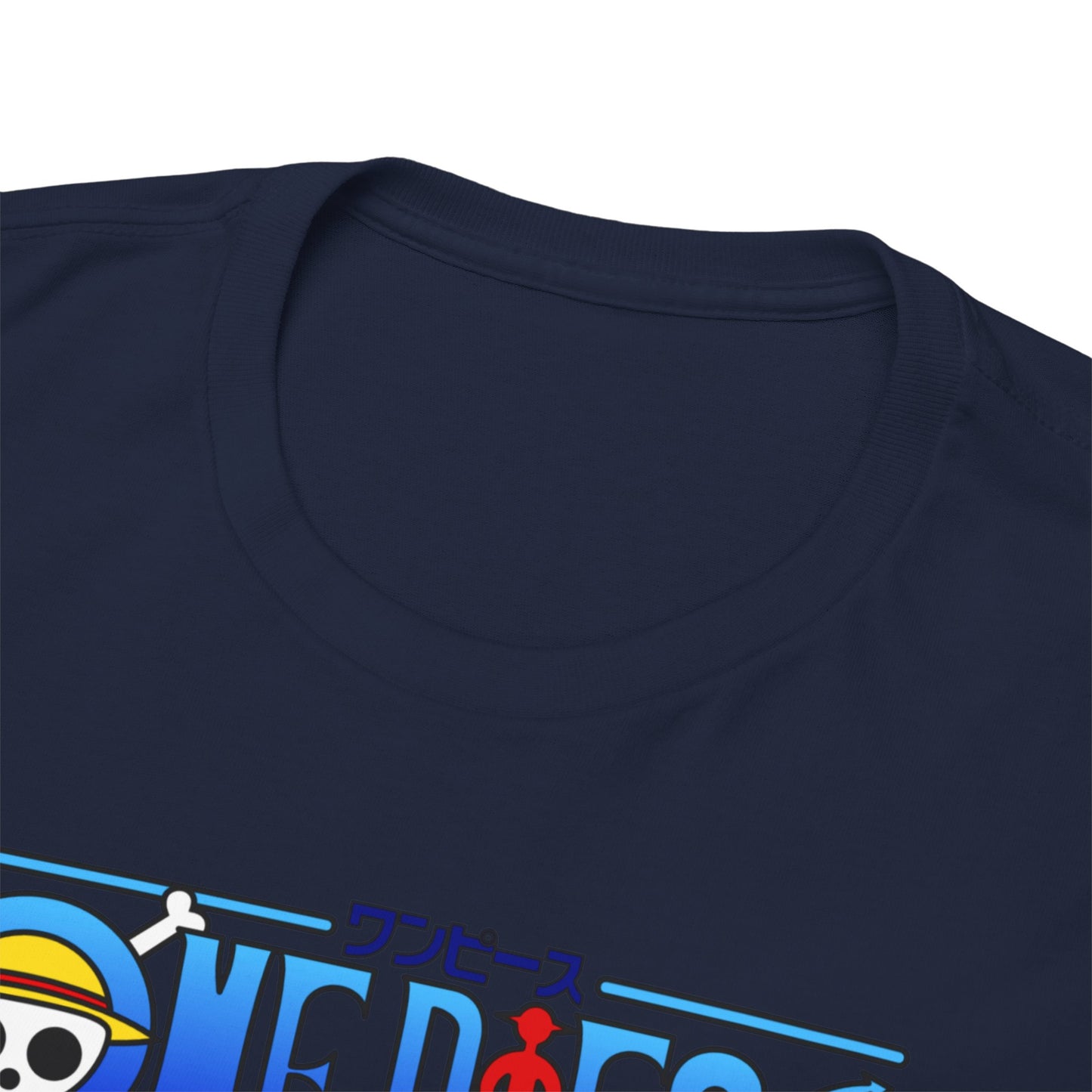 Close-up of the neckline of a premium navy blue men's t-shirt featuring the iconic One Piece logo, showcasing exquisite craftsmanship and attention to detail.