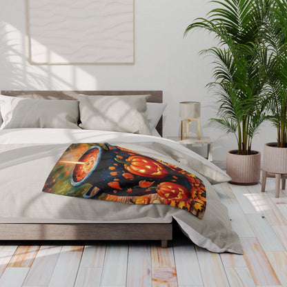 Decorative and Warm Halloween Spooky Arctic Fleece Blanket gracefully placed on an inviting bed, featuring intricate Halloween motifs that enhance seasonal decor.