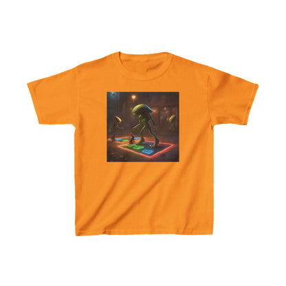 Kids Heavy Cotton Tee with Cute Aliens in vibrant orange, showcasing enchanting alien artwork, perfect for sparking creativity.