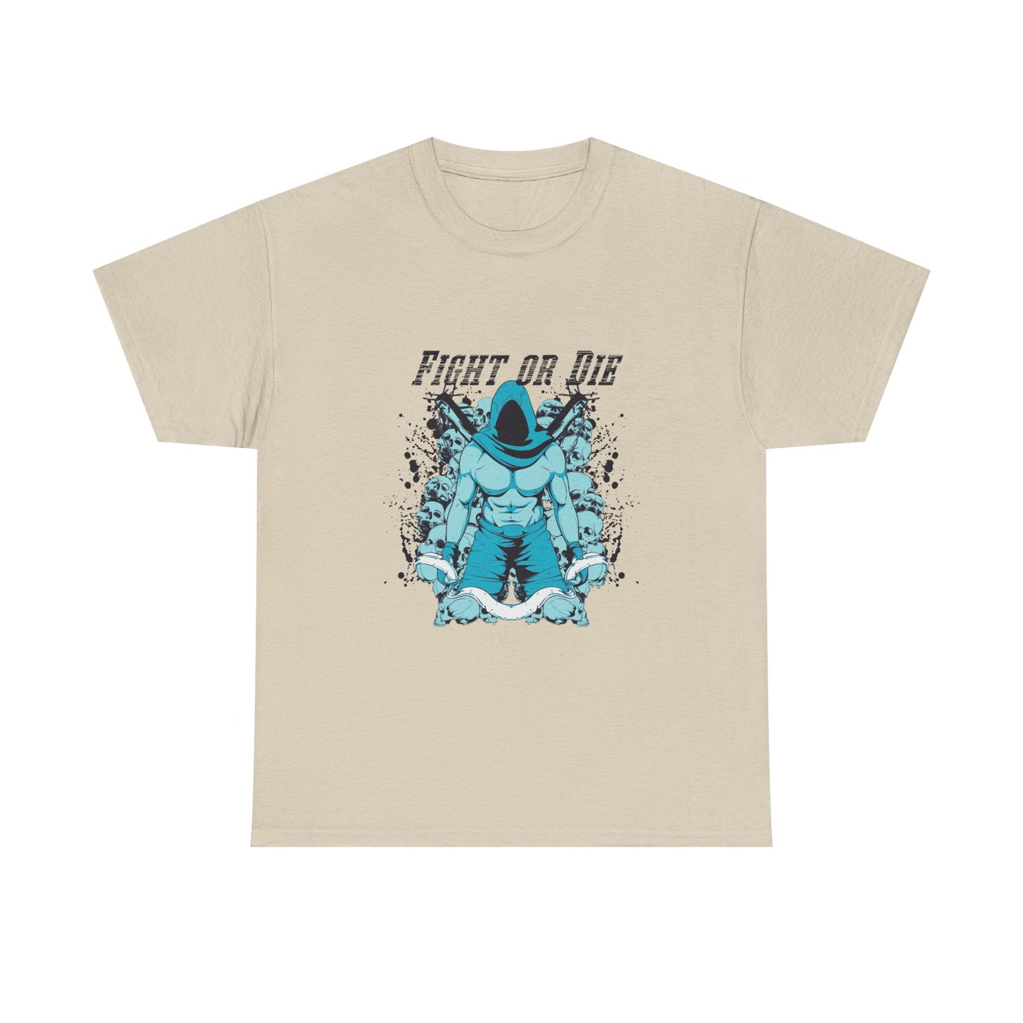 FIGHT OR DIE Muscular Graphic Men's T-Shirt with intriguing details of skull motifs and a light gray banner, exuding intensity and resilience for the modern warrior.