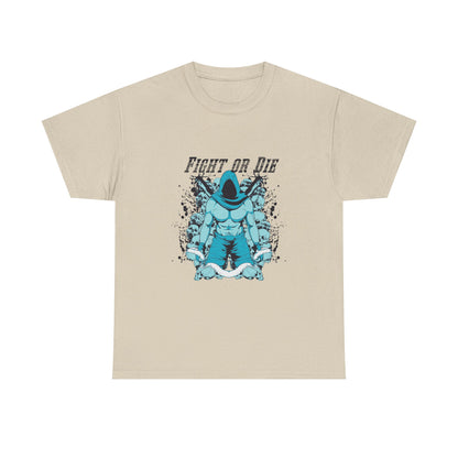 FIGHT OR DIE Muscular Graphic Men's T-Shirt with intriguing details of skull motifs and a light gray banner, exuding intensity and resilience for the modern warrior.