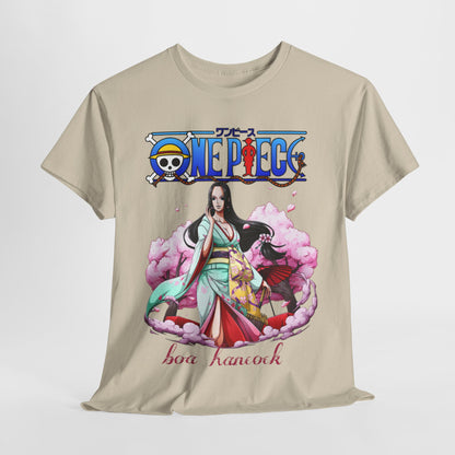 Premium quality beige men's t-shirt elegantly displaying Boa Hancock from One Piece, set against a backdrop of cherry blossoms, perfect for anime enthusiasts.