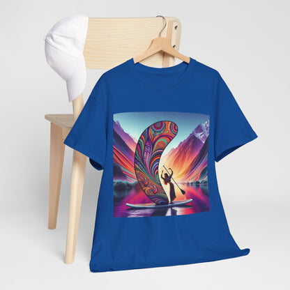 Luxury Paddleboard Adventure T-Shirt displayed on a wooden chair with a white hat, showcasing vibrant paddleboarding graphics, ideal for watersport lovers.