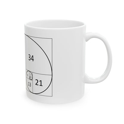 Side view of the Fibonacci Spiral Ceramic Mug displaying the elegant art design, featuring detailed Fibonacci numbers and curves, perfect for a sophisticated coffee experience.