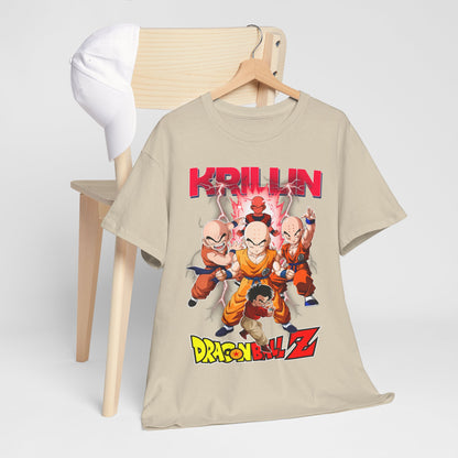 Stylish Dragon Ball Z T-shirt featuring Krillin and other iconic characters, showcased elegantly draped on a wooden chair with a white cap.