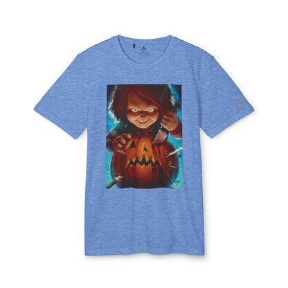 Adidas Unisex Halloween Chucky Cute T-shirt in blue, showcasing a vibrant design of Chucky with a knife and a pumpkin, ideal for festive occasions.