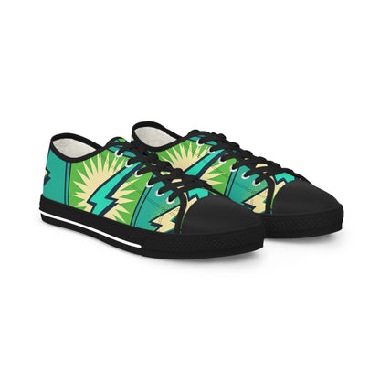 Zara Thunderstrike Men's Lowtop Sneakers by Dazzling Dreams Studio featuring vibrant turquoise lightning bolts on a lush green background, exemplifying luxury and artistic flair.