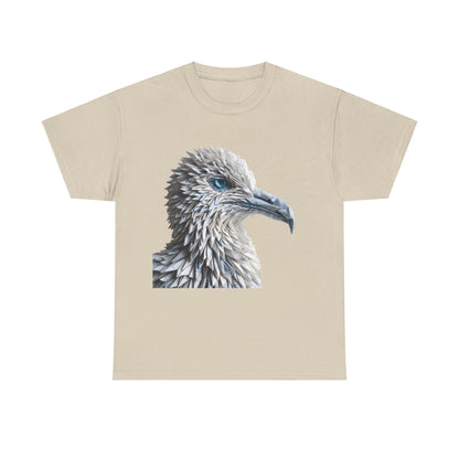 Sculpted Elegance Unisex Cotton Tee featuring an intricate origami bird design in a pale beige hue, showcasing a striking bird's head with detailed texturing and a captivating turquoise eye.