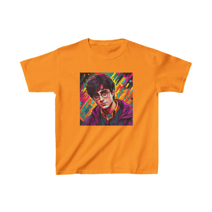 Kids Harry Potter Heavy Cotton Tee in orange featuring a striking artistic portrayal of a young wizard, perfect for little fans of magic.