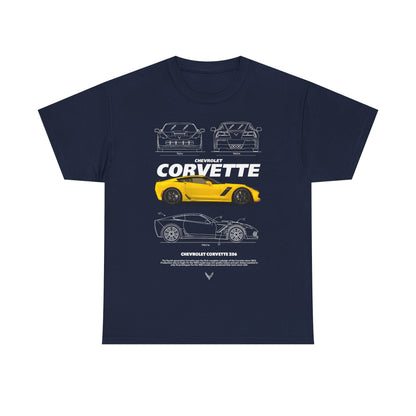 Chic men's navy t-shirt illustrating the stunning Chevrolet Corvette Z06 with intricate sketches and a bold yellow car image, perfect for automotive enthusiasts.