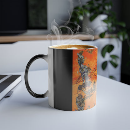 Stylish Discworld Pyramids Color Morphing Mug with steam rising from a hot beverage, highlighting its colour-changing effect and elegant design.