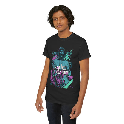 Fashion-forward individual displaying a sleek black t-shirt with a bold Squid Game design, perfect for discerning fashion lovers.