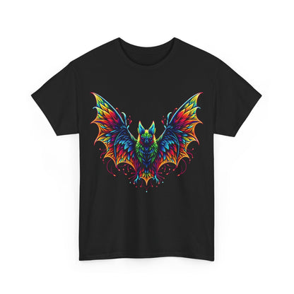 Radiant Evolution Bat Tee - Unisex cotton graphic t-shirt featuring a vibrant, stylised bat design with rainbow hues on a black background for a chic and modern aesthetic.