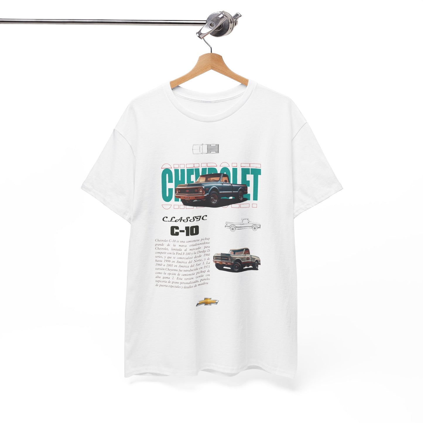 Stylishly hung Chevrolet C-10 Classic T-shirt, highlighting its detailed vintage graphic against a simple background for a refined look.