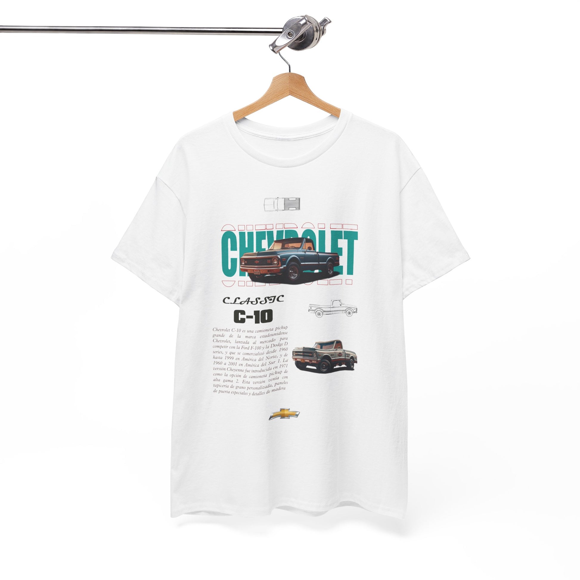 Stylishly hung Chevrolet C-10 Classic T-shirt, highlighting its detailed vintage graphic against a simple background for a refined look.