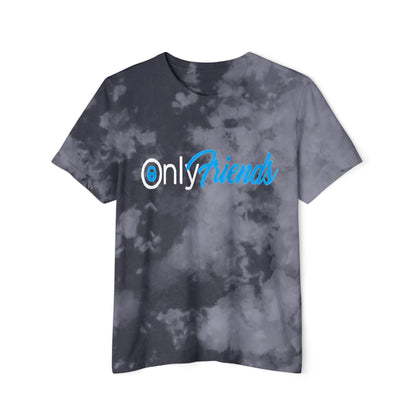 Front view of a chic tie-dye cropped t-shirt showcasing the phrase 'Only Friends' in a stylish light blue font, perfect for those casual, stylish days.