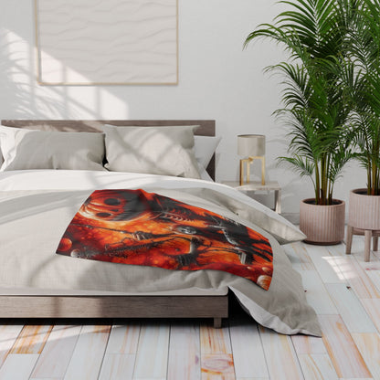 Chic arrangement of the Decorative and Warm Halloween Spooky Arctic Fleece Blanket casually positioned on a luxurious bed, enhancing the Halloween themed decor.