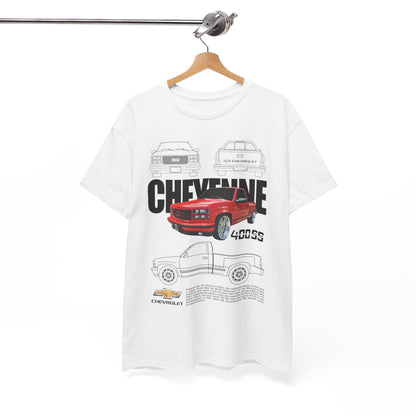 The Chevrolet Cheyenne men's T-shirt elegantly displayed on a hanger, illustrating classic truck graphics and bold branding for a stylish automotive-inspired look.