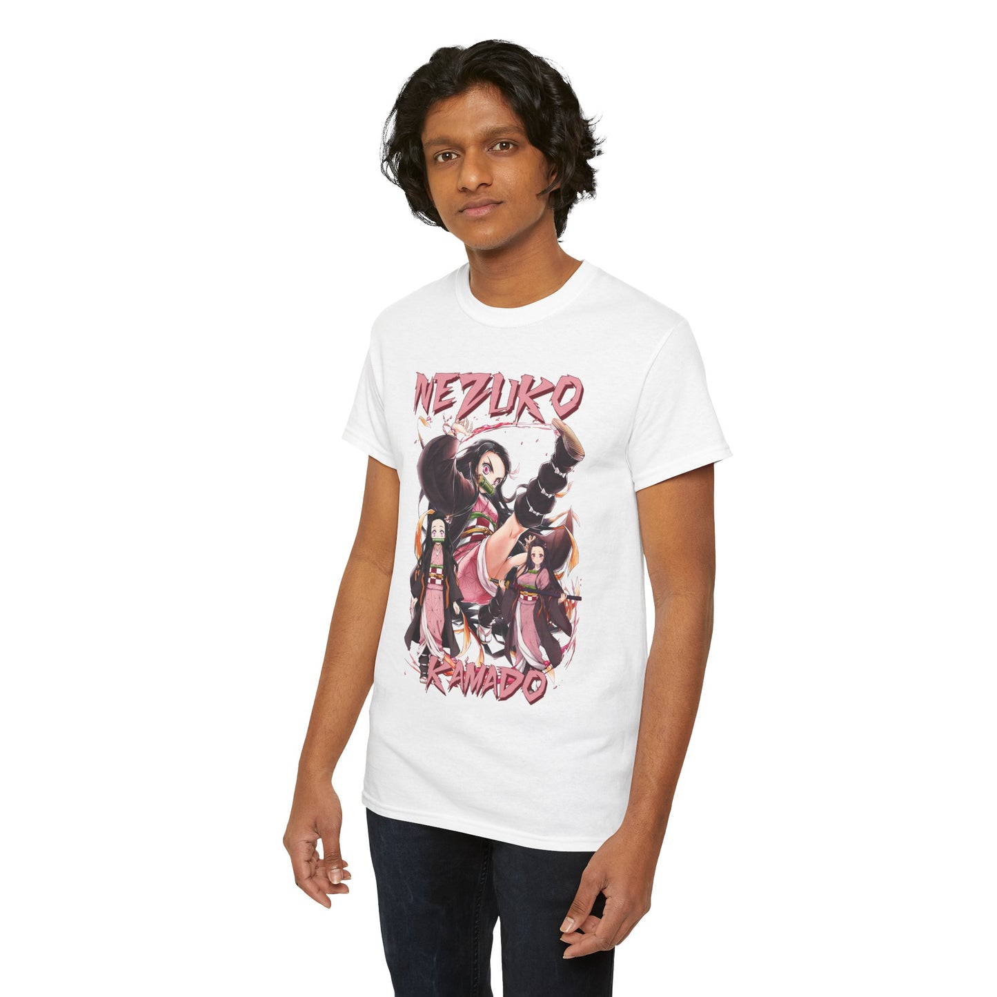 Casual portrait of a model in the Nezuko Kamado T-shirt, highlighting the exquisite illustrated design that embodies the spirit of the anime series.