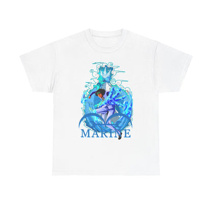 Elegant white men's T-shirt showcasing a captivating marine anime design, highlighted by the word 'MARINE' in vibrant blue, ideal for stylish anime fans.