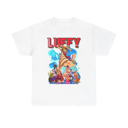 Stylish white men's graphic t-shirt showcasing a striking illustration of Luffy and companions from a renowned adventure narrative, perfect for elevating everyday attire.