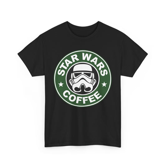 Stylish unisex Star Wars Coffee t-shirt showcasing a prominent Stormtrooper helmet design, ideal for adding a touch of luxury to your casual wear.