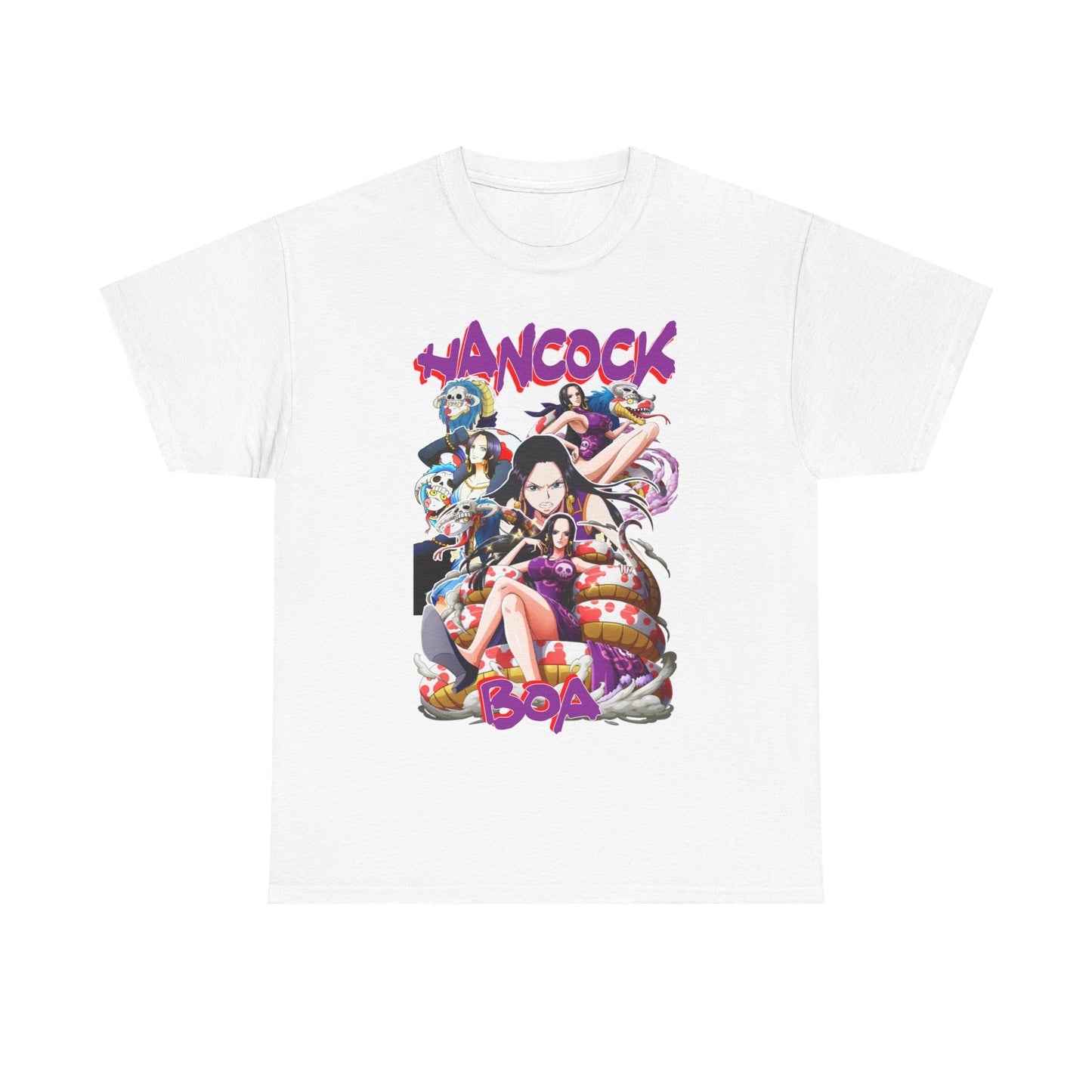 Elegant white Boa Hancock Royalty T-Shirt with vivid collage artwork of anime characters, perfect for fans who appreciate quality and style.