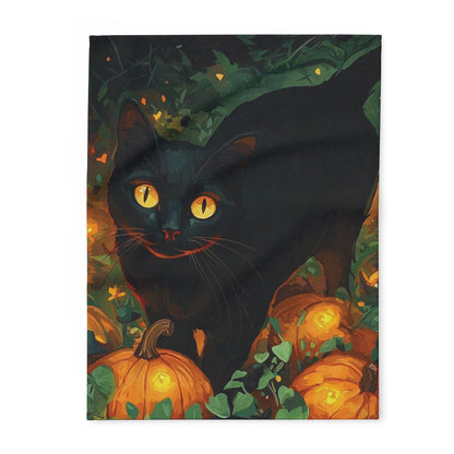 Luxurious Decorative and Warm Halloween Spooky Arctic Fleece Blanket featuring an enchanting illustration of a black cat among luminous pumpkins, ideal for adding seasonal charm to your Halloween decor.