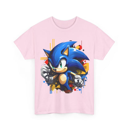 Sonic The Hedgehog Unisex Graphic Tee - Vibrant Art Tee illustrating the front design of Sonic in a dynamic pose on a pink shirt.